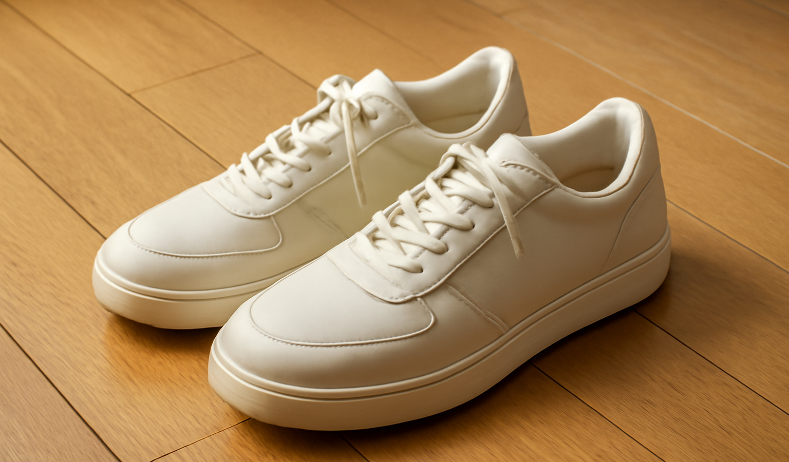paire de baskets aux formes arrondies sur parquet