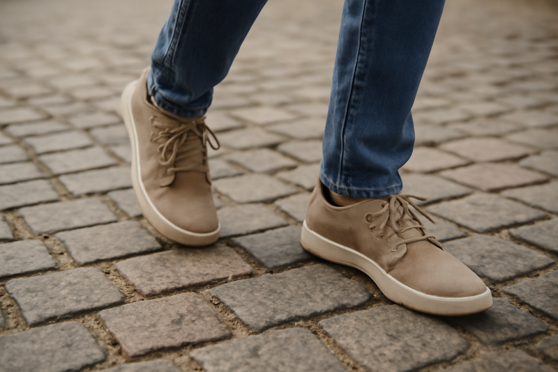 personne marchant sur pavé en chaussures souples