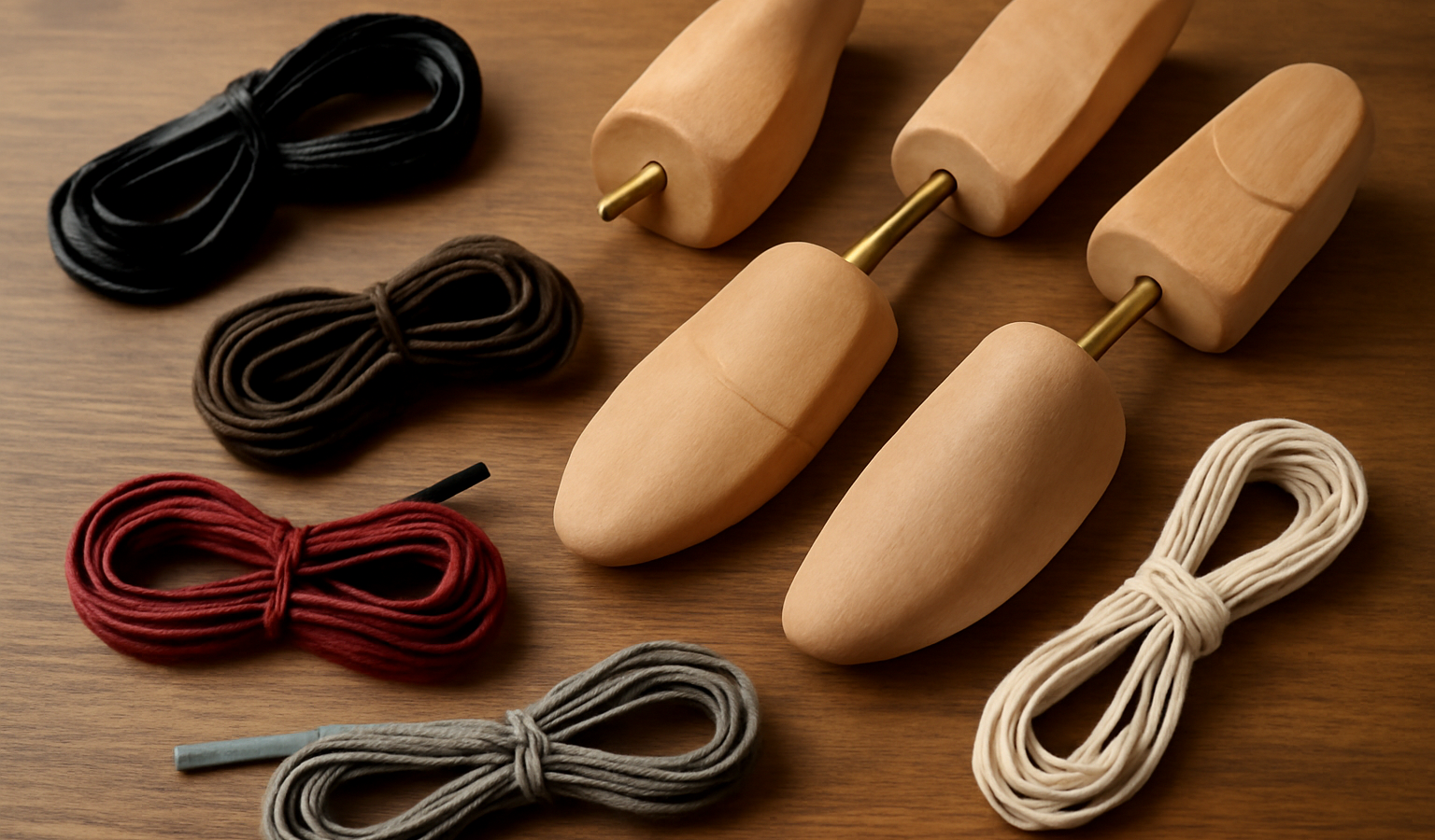 divers lacets et embauchoirs posés sur table