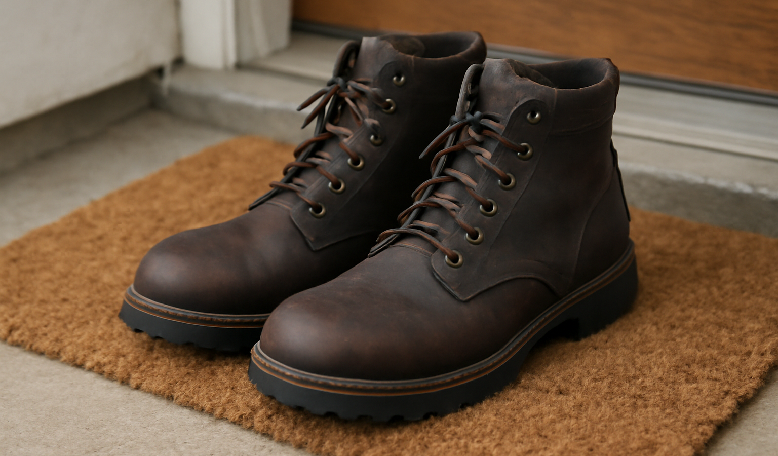 paire de bottines robustes posée sur paillasson
