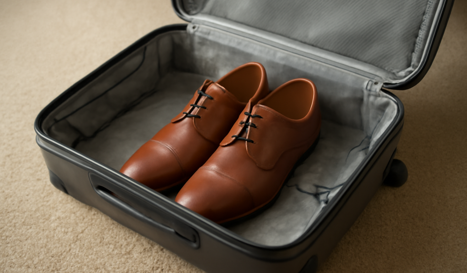 valise ouverte avec paire de chaussures posee