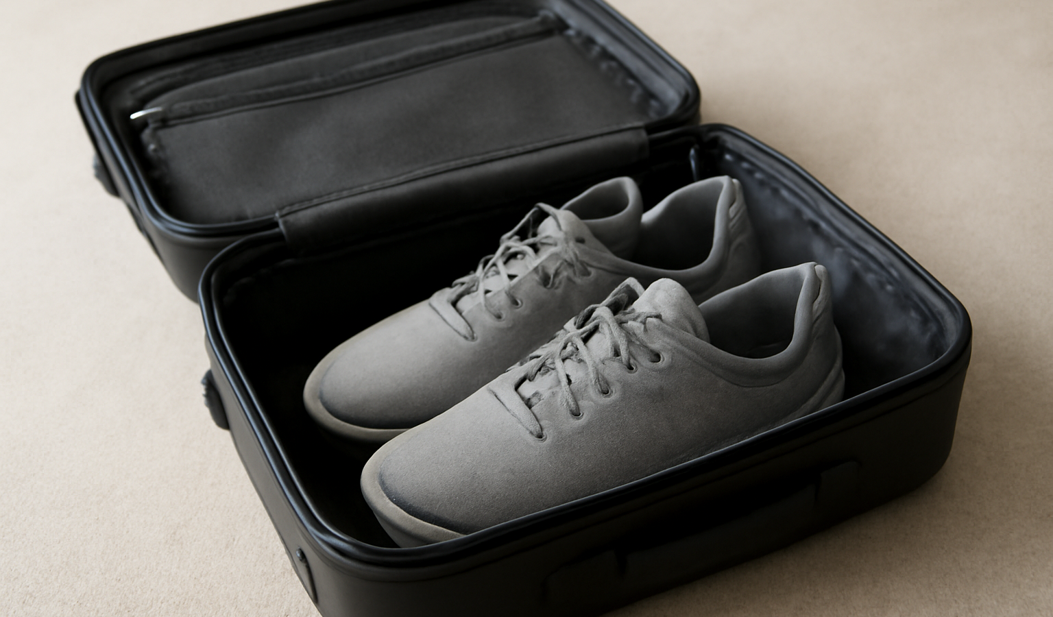 valise ouverte avec une paire de chaussures compactes