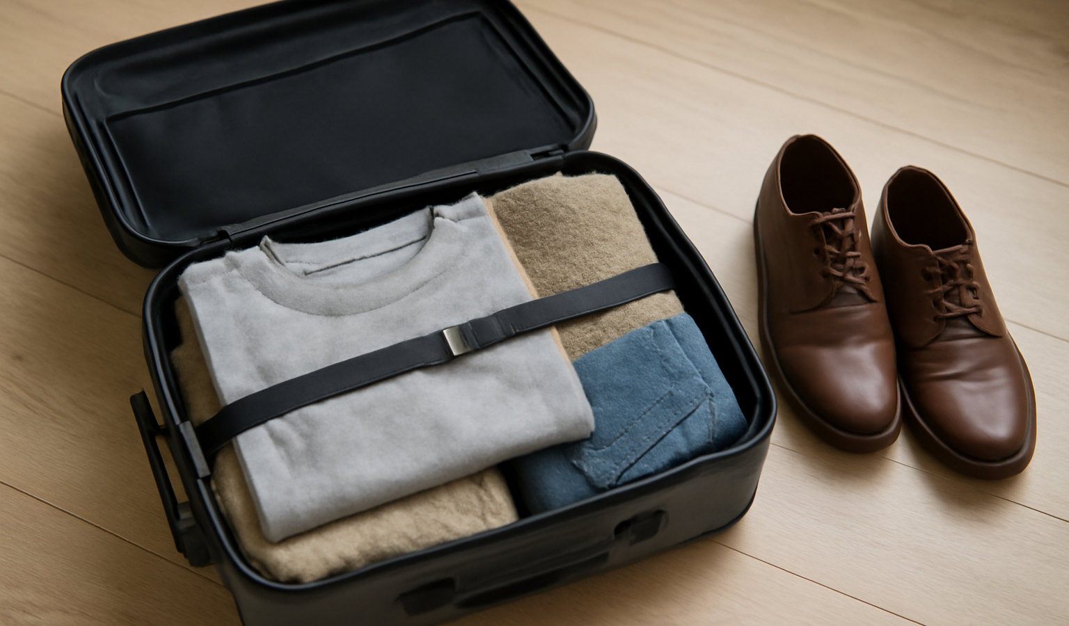 valise ouverte et chaussures posées à côté