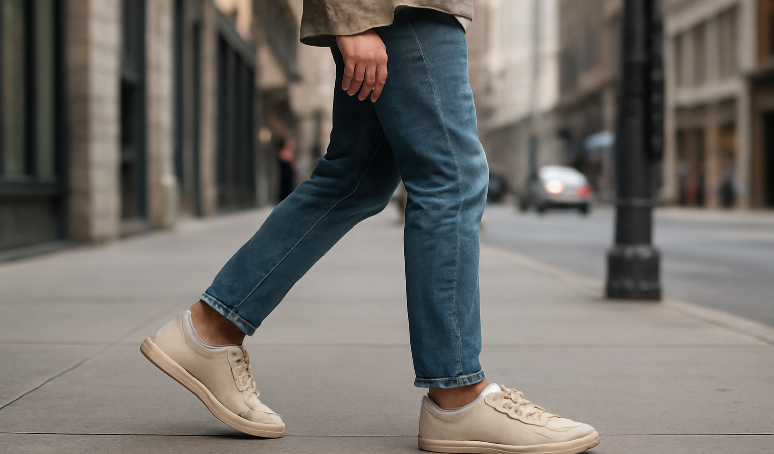 personne marchant en ville en baskets neutres