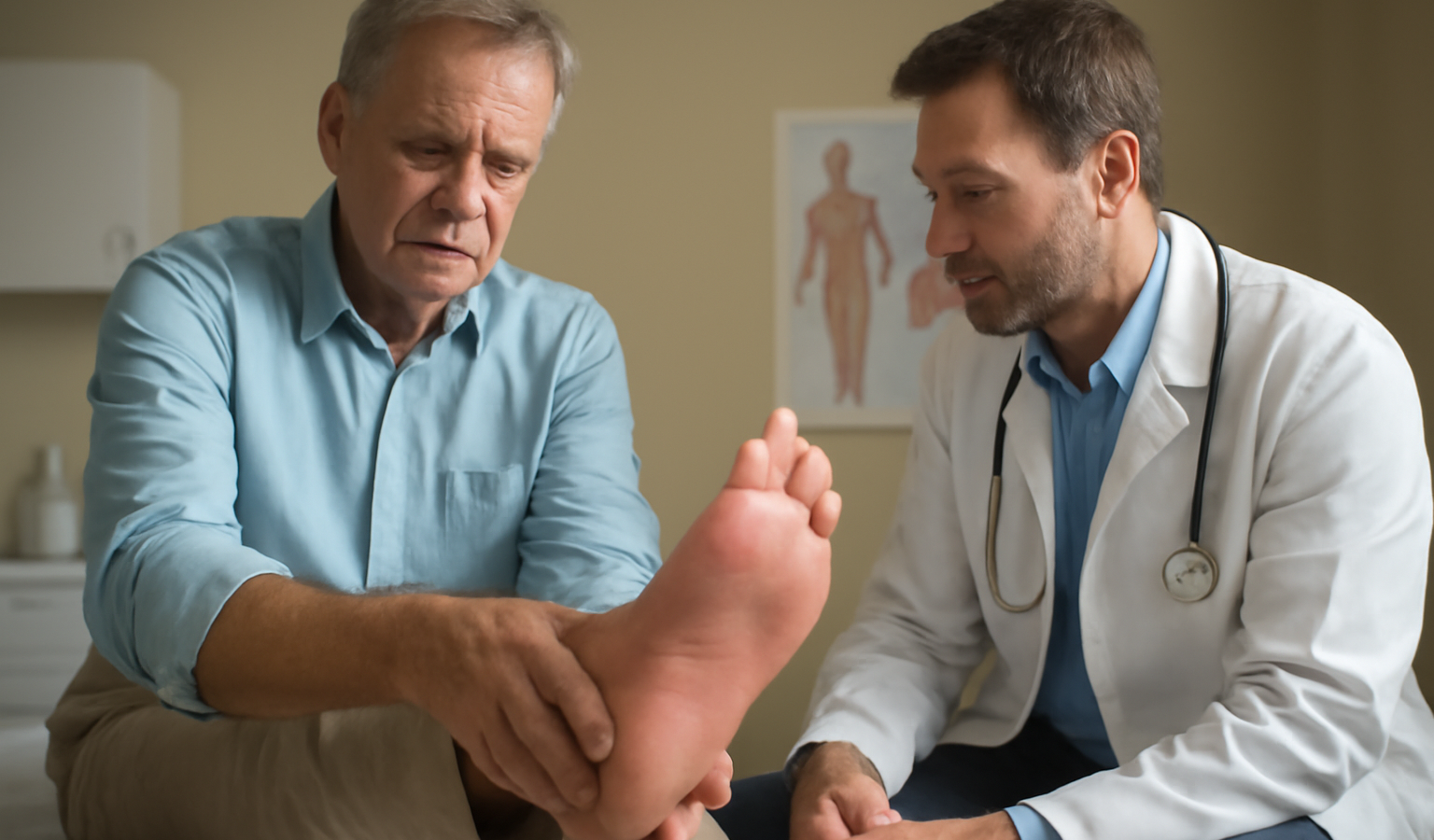 patient montrant pied douloureux à spécialiste