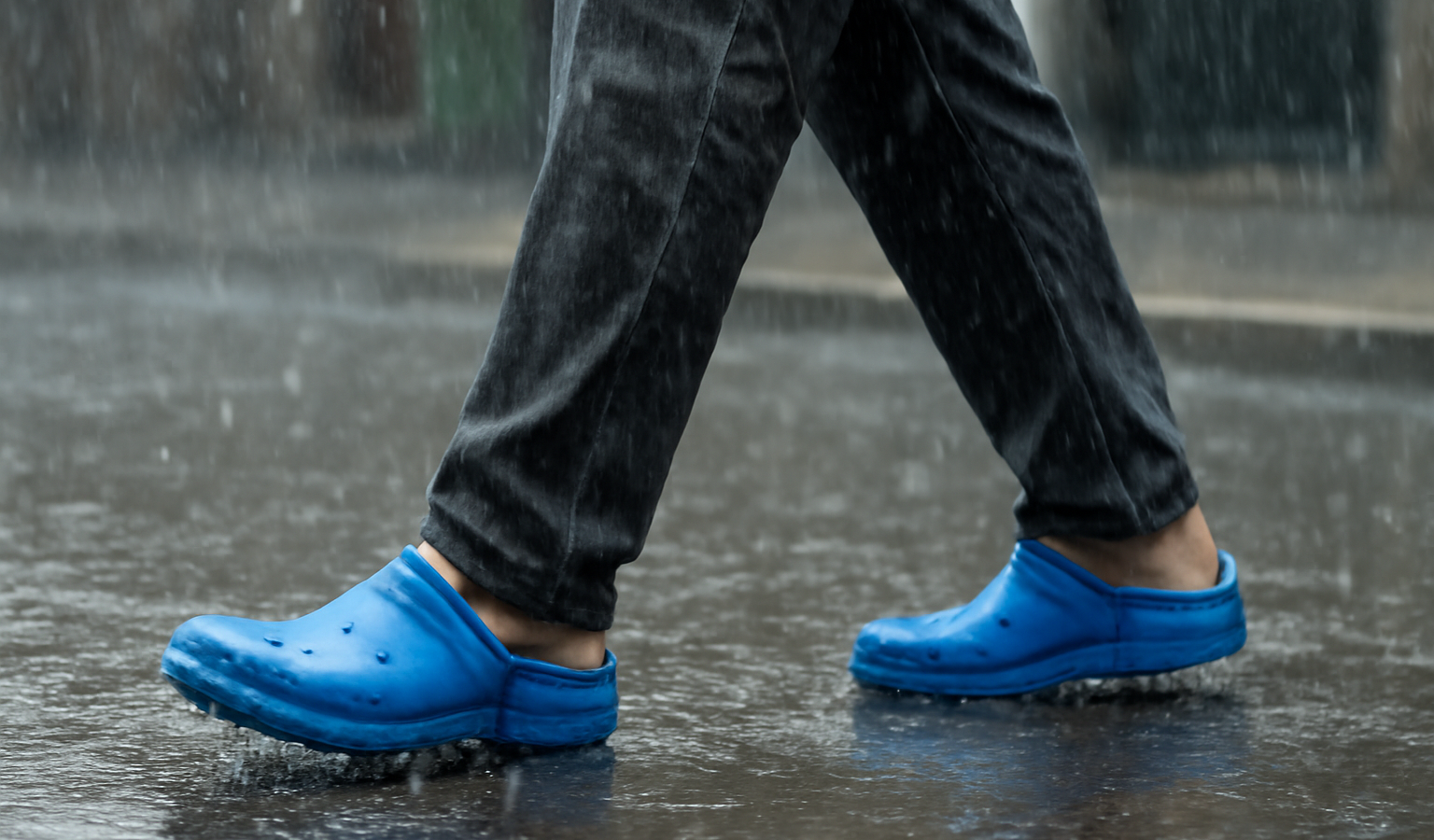 personne marchant sous la pluie avec sabots plastiques