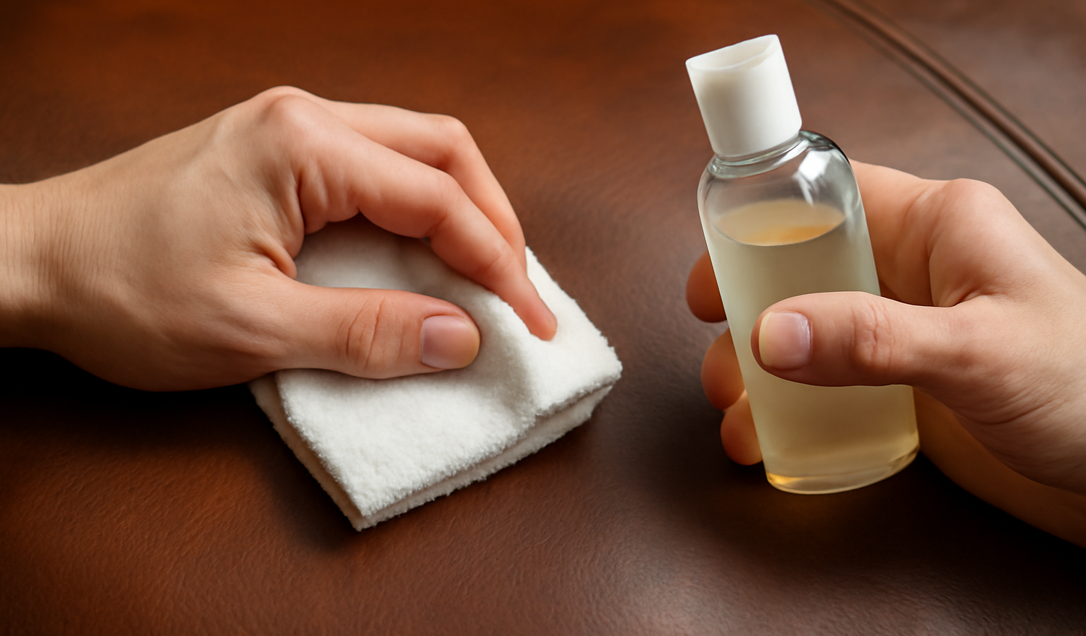mains nettoyant cuir avec chiffon doux et produit