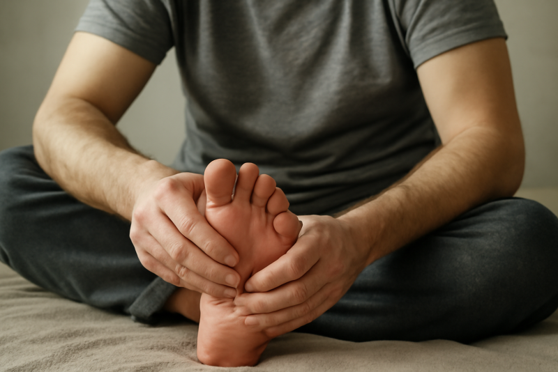 personne assise massant l'avant-pied après marche