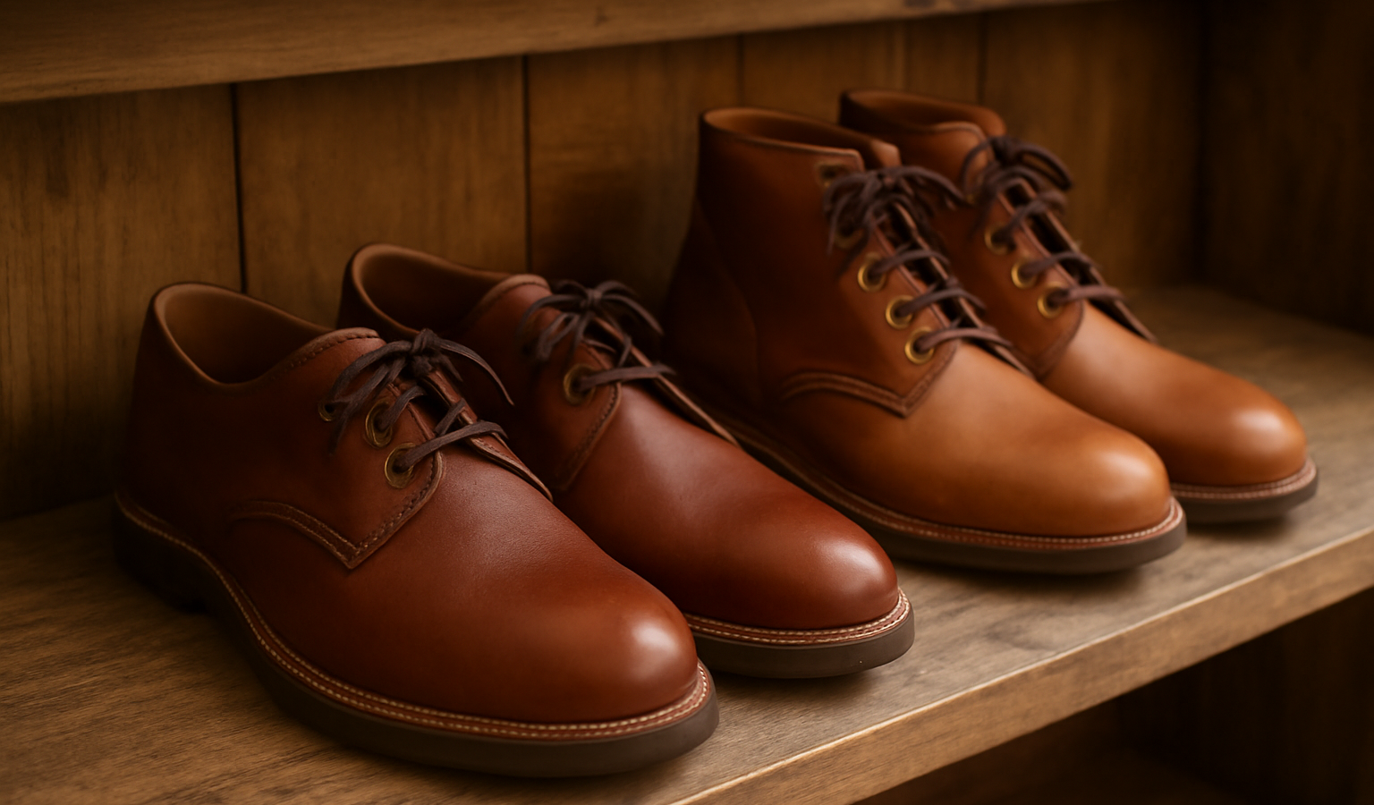 chaussures artisanales posées sur étagère en bois