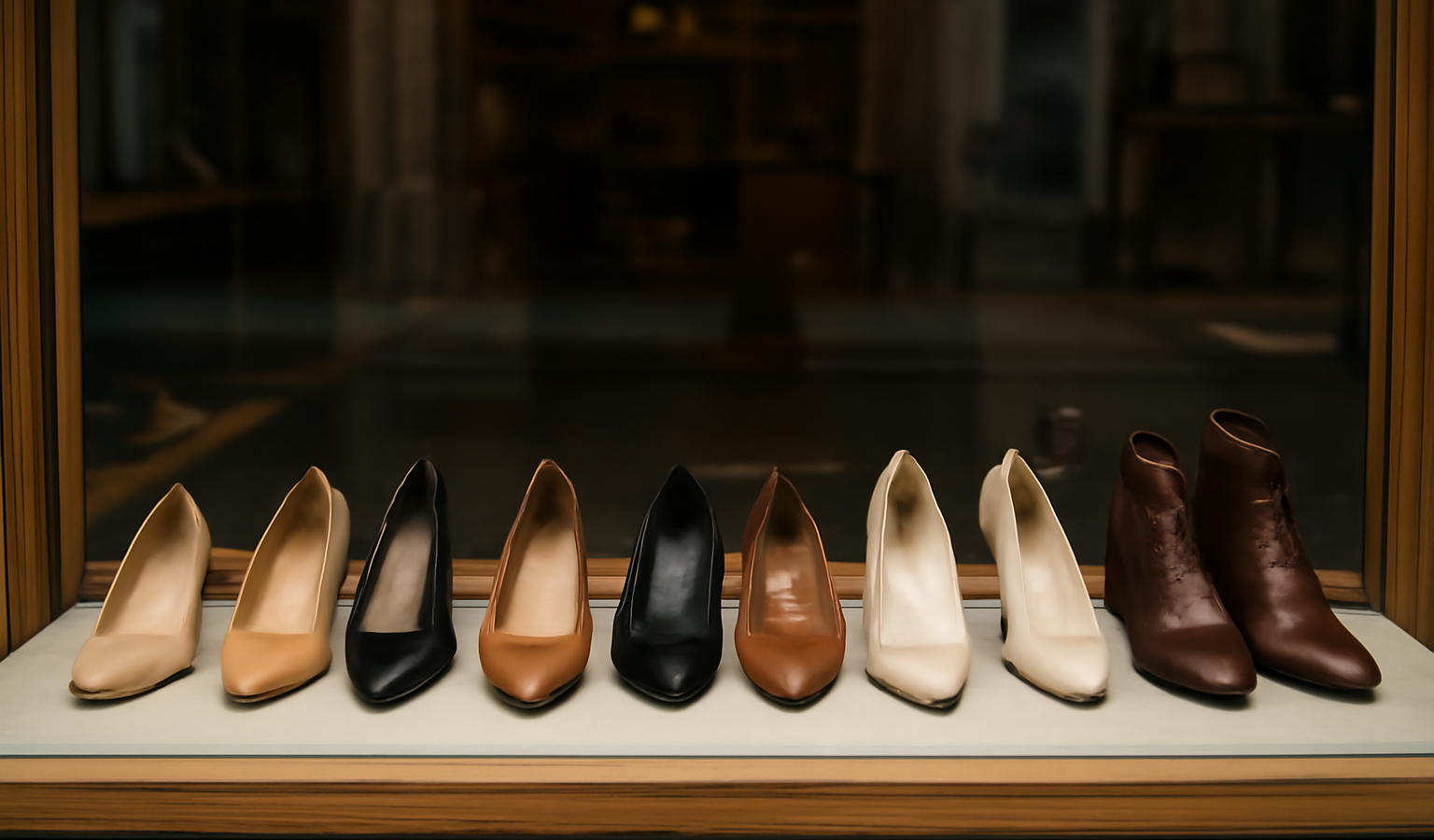 vitrine avec plusieurs formes de chaussures alignées