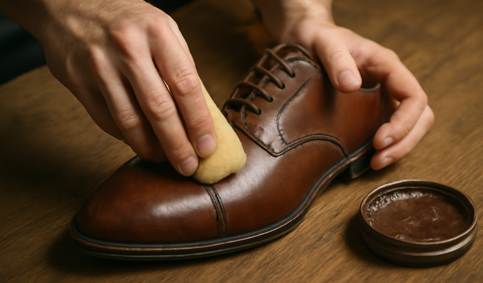 main cirant paire de chaussures en cuir