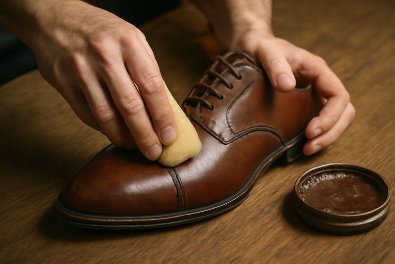 main cirant paire de chaussures en cuir