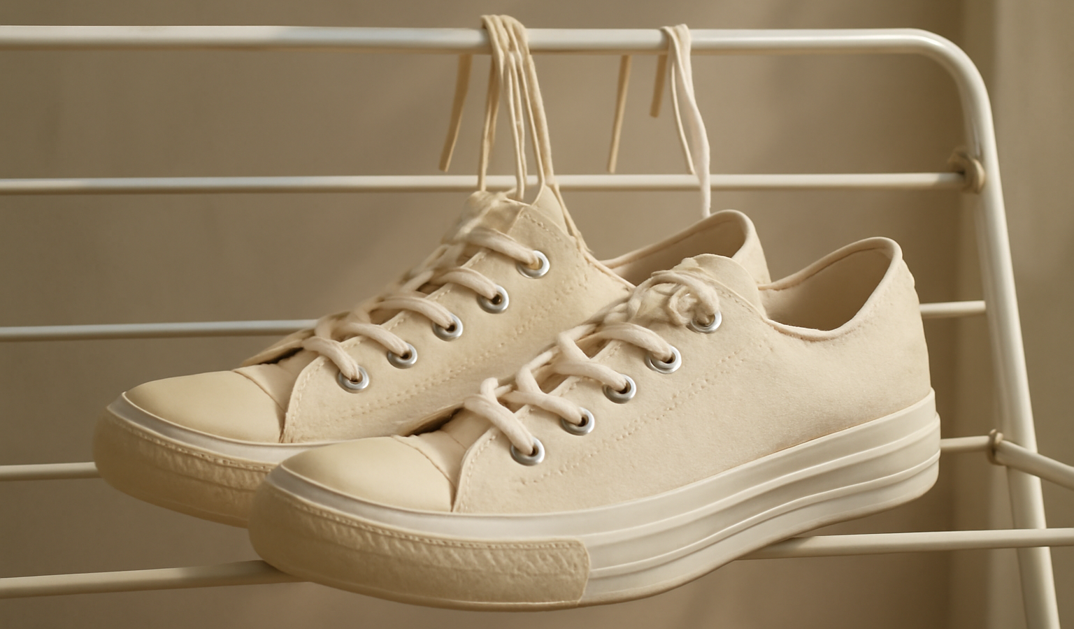 baskets en toile posées sur un étendoir