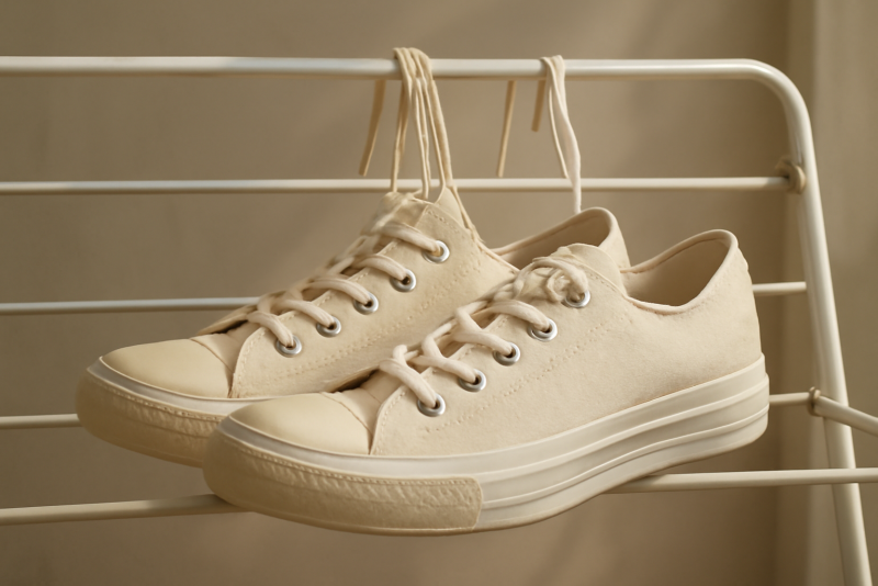 baskets en toile posées sur un étendoir