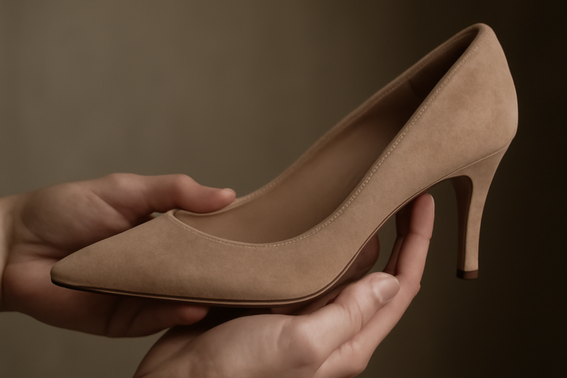 mains tenant délicatement une chaussure fine