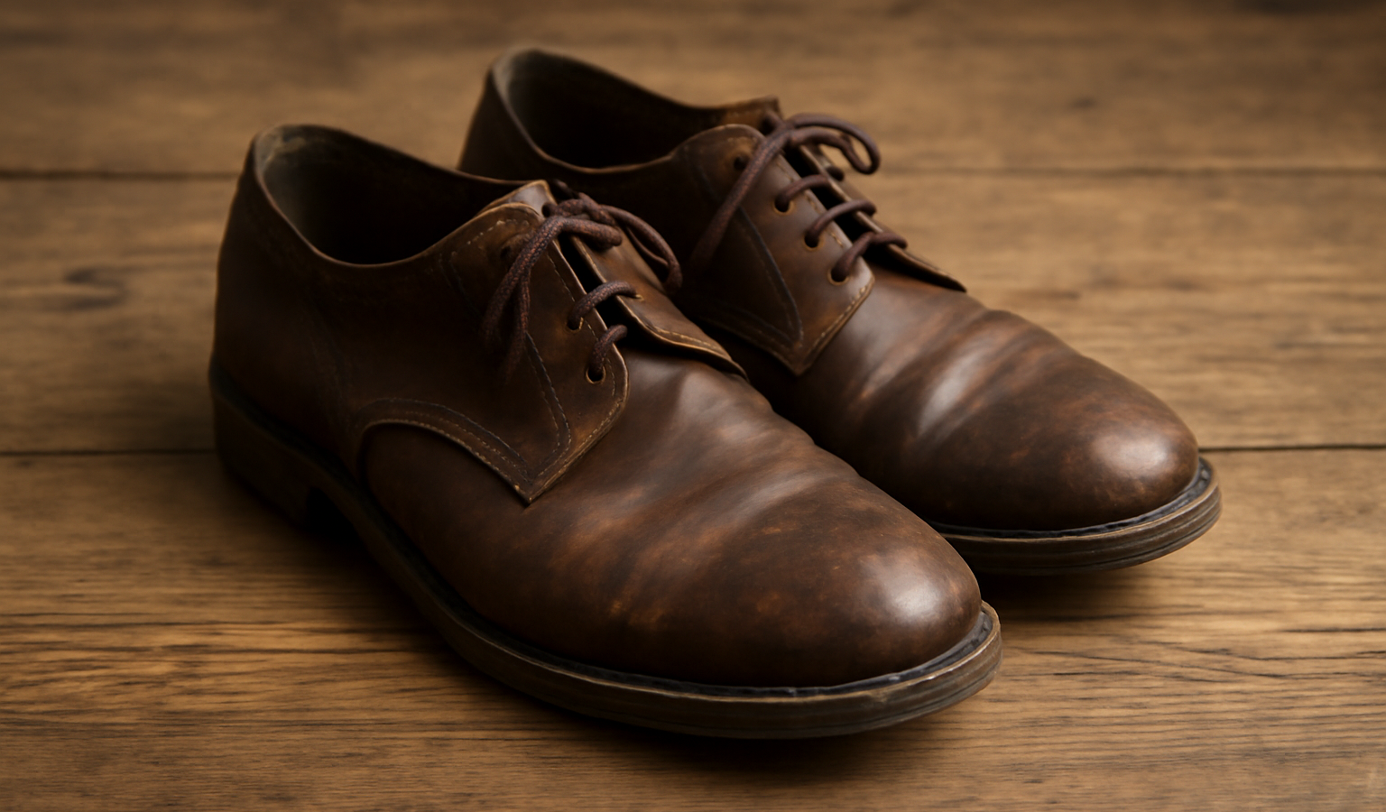 paire de derbies patinées sur table en bois