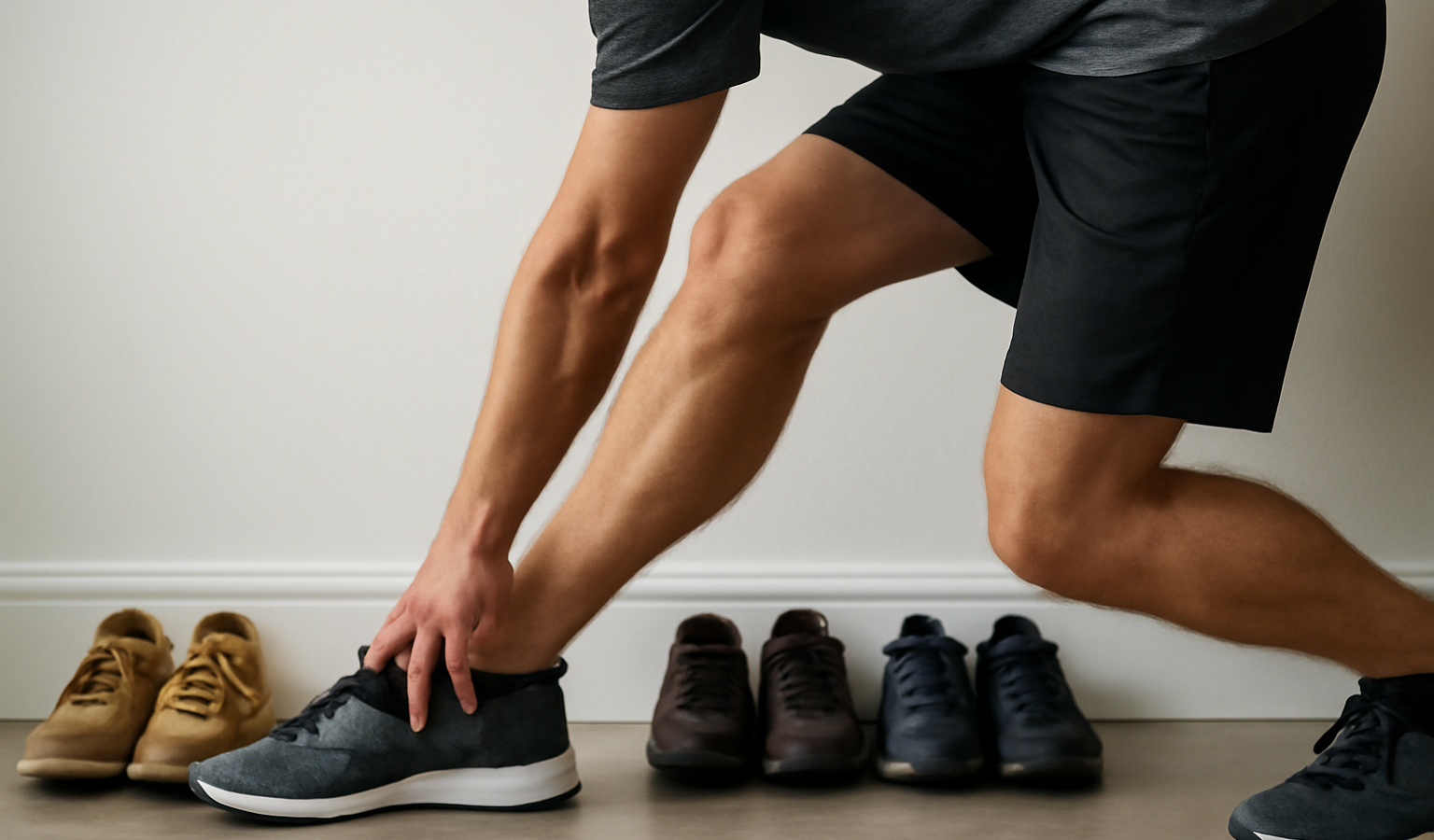 personne effectuant etirements du mollet devant chaussures