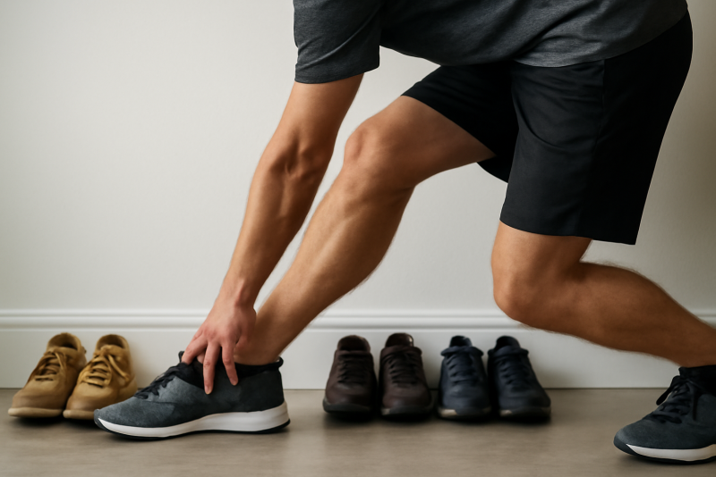 personne effectuant etirements du mollet devant chaussures