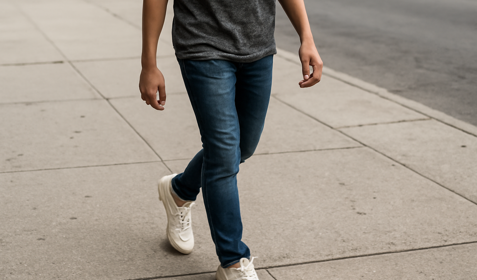 jeune personne marchant en baskets sur trottoir
