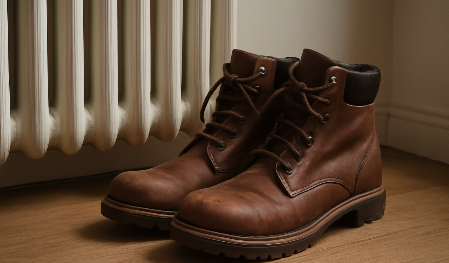 paire de bottes posée près d'un radiateur