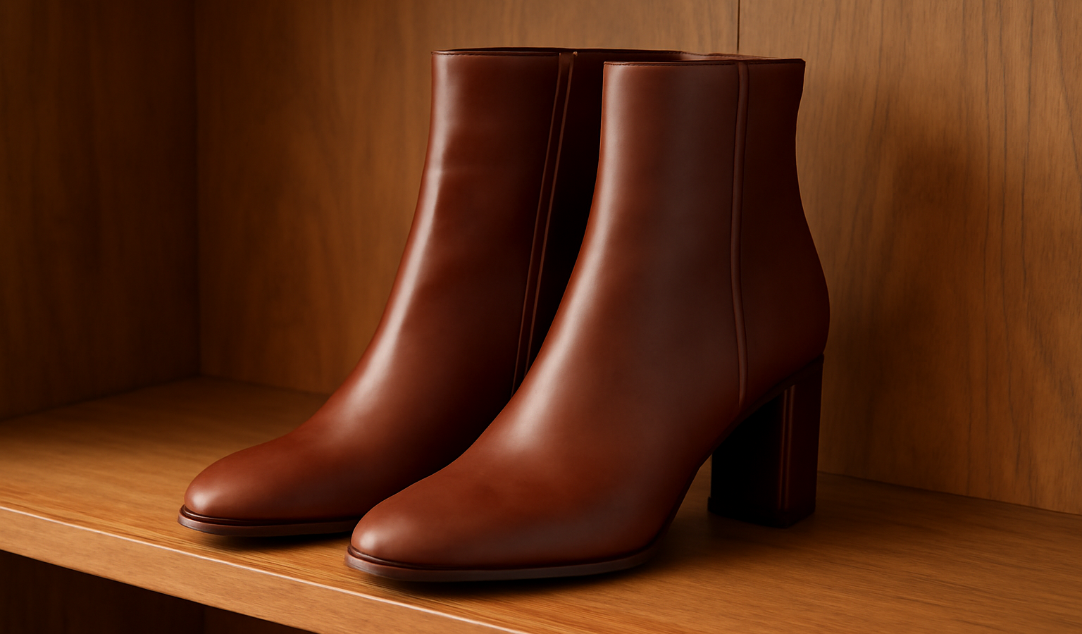 bottines élégantes posées sur étagère en bois