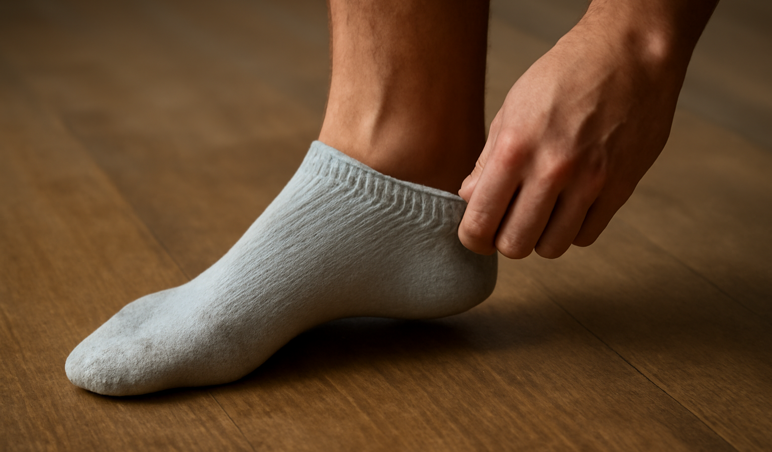 pied enfilant chaussette après marche