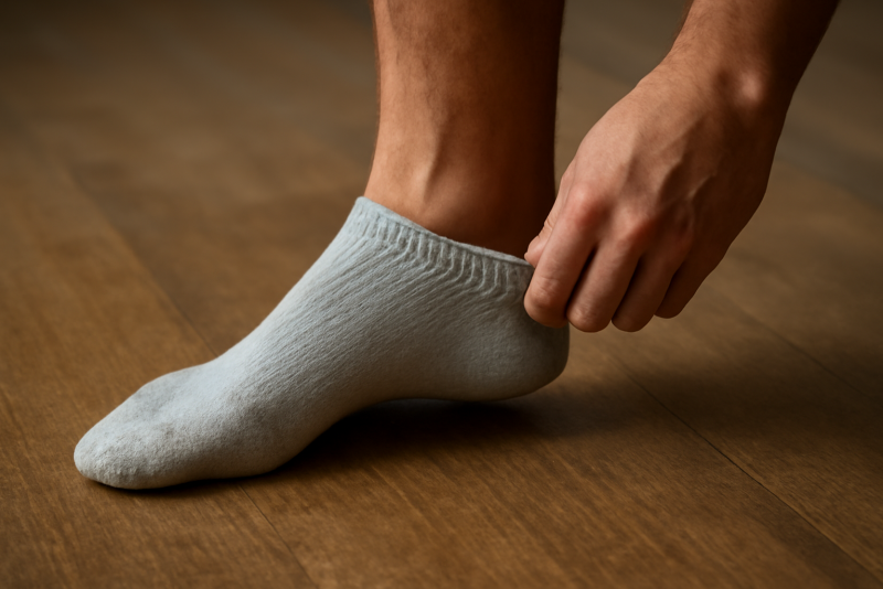 pied enfilant chaussette après marche
