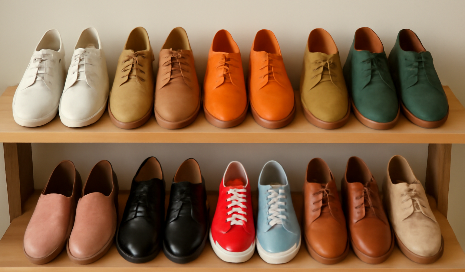 rangee de chaussures de couleurs variees sur etagere