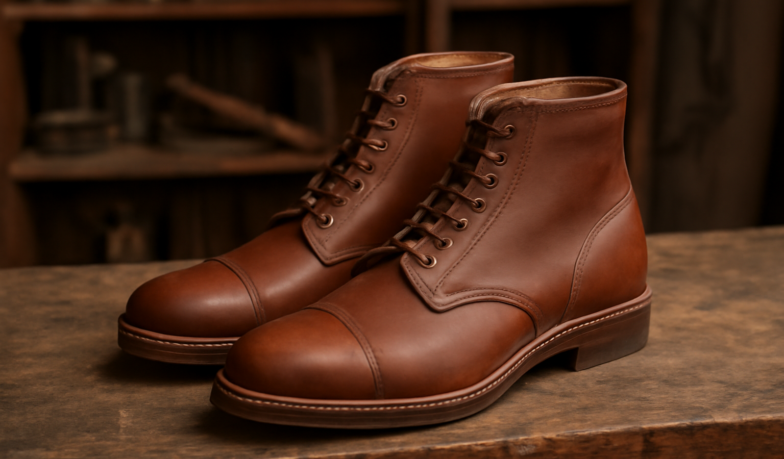 bottines classiques posées sur un banc d'atelier