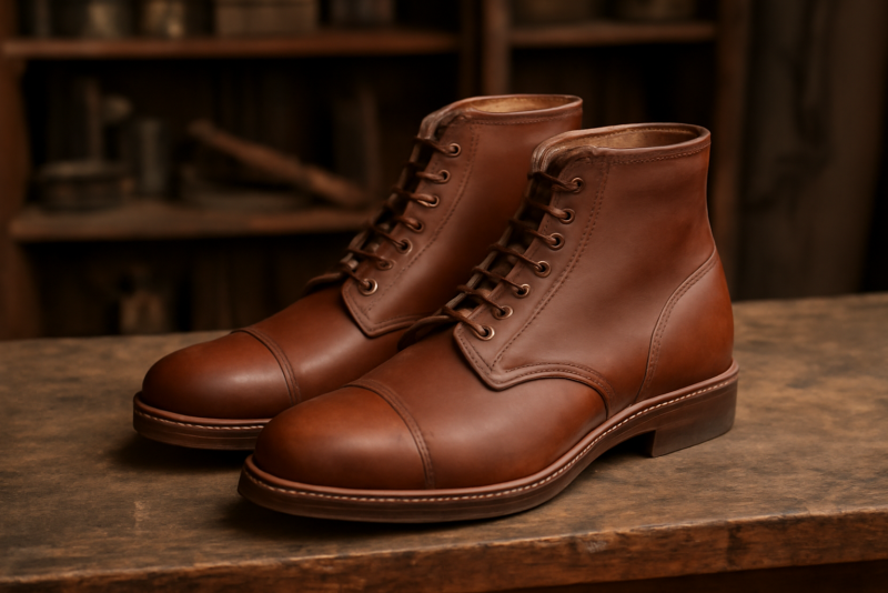bottines classiques posées sur un banc d'atelier