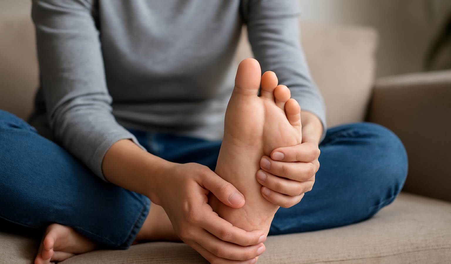 personne massant la plante du pied assise