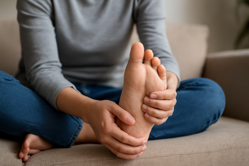 personne massant la plante du pied assise