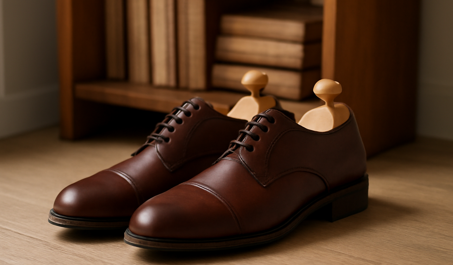 chaussures sur embauchoirs près d'une étagère