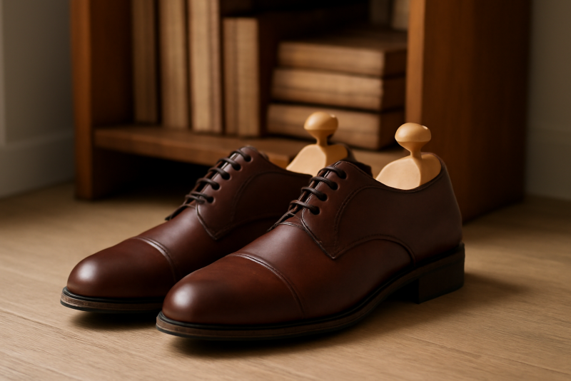 chaussures sur embauchoirs près d'une étagère