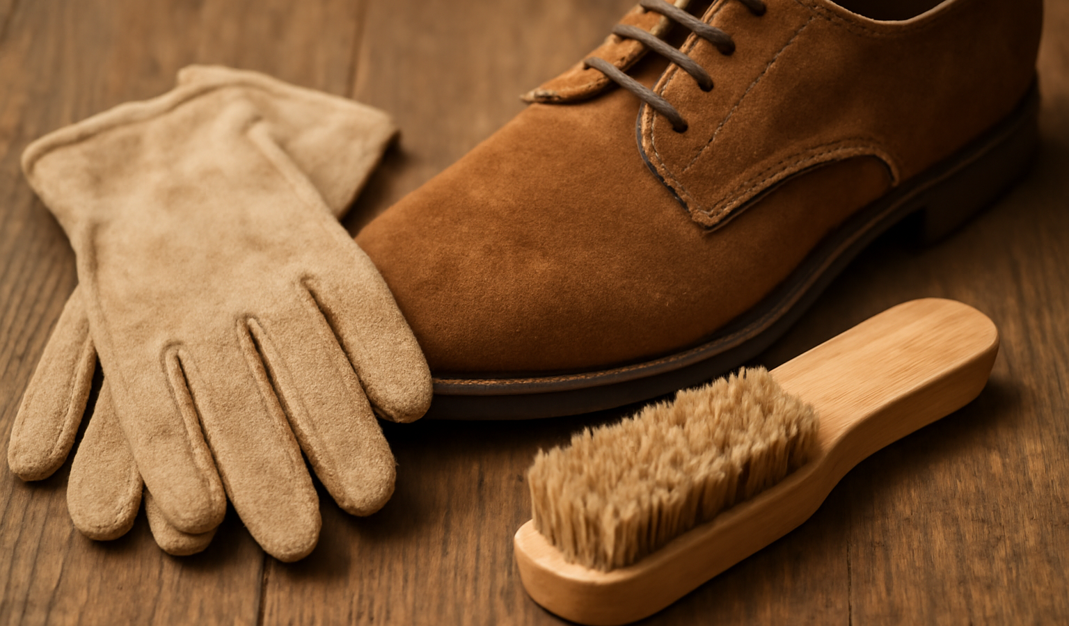 gant et brosse pres d'une chaussure en daim