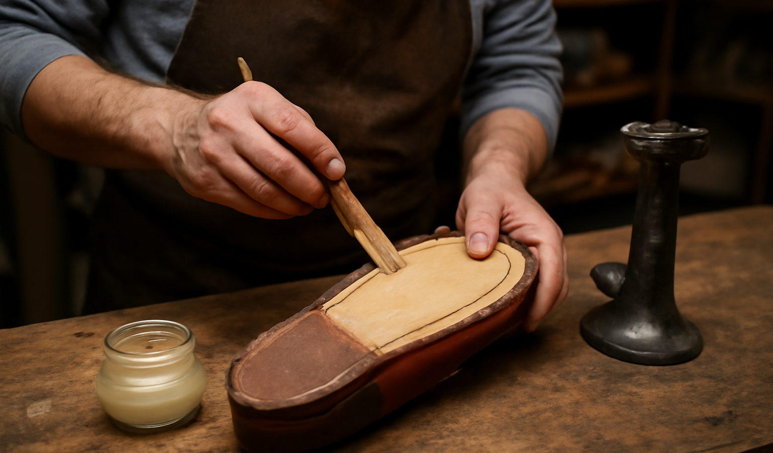 atelier réparant une semelle collée à la main