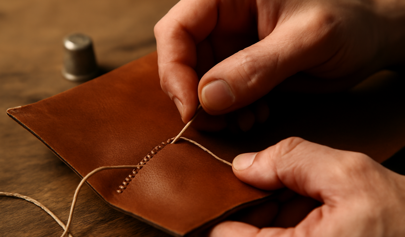 mains cousant une pièce de cuir