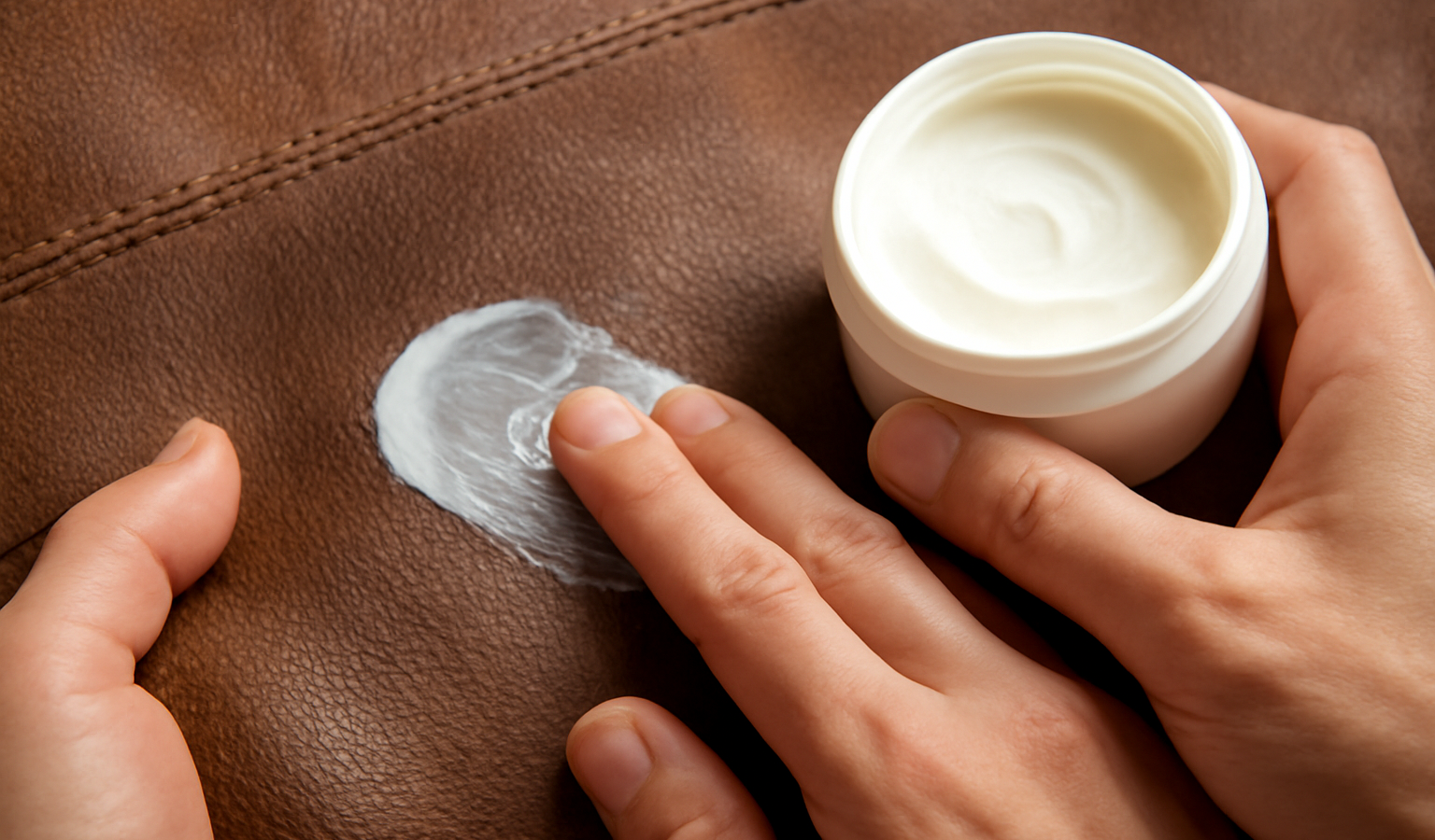 mains appliquant une crème protectrice sur cuir