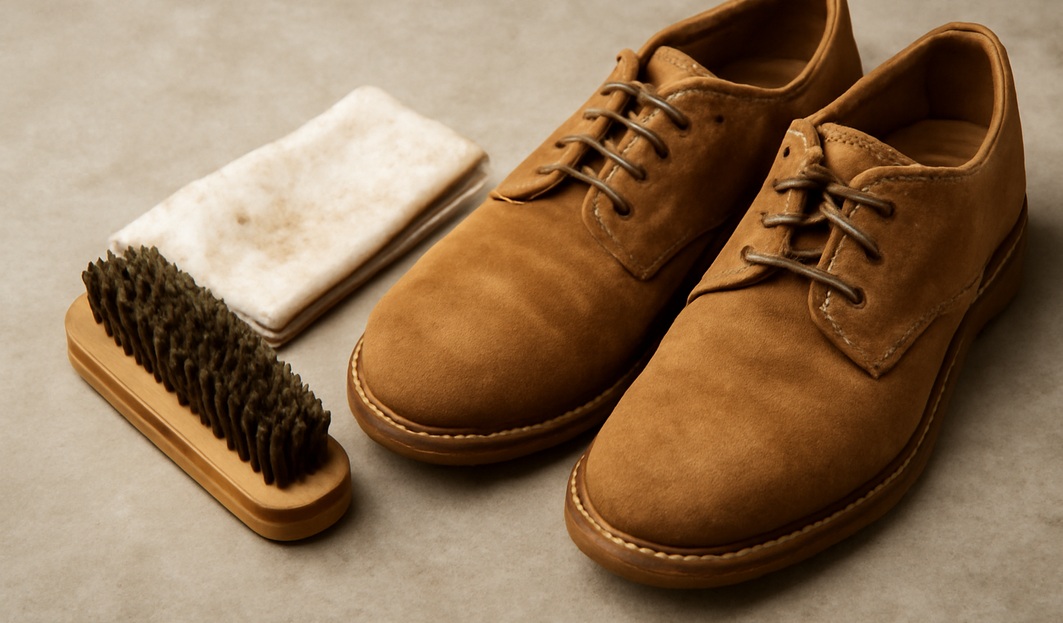 brosse et chiffon à côté d'une paire en suède