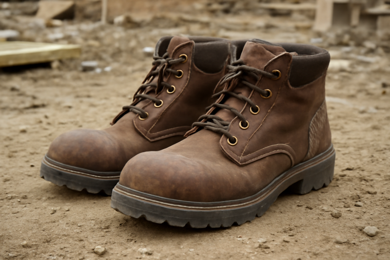 bottines robustes posées sur sol de chantier
