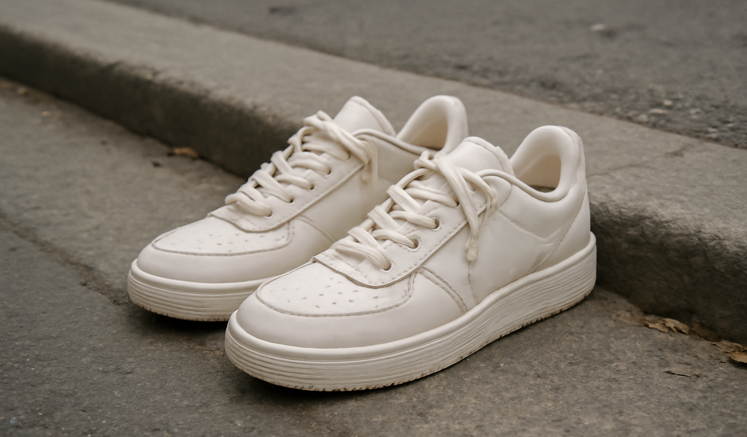 paire de baskets posée près d'un trottoir urbain