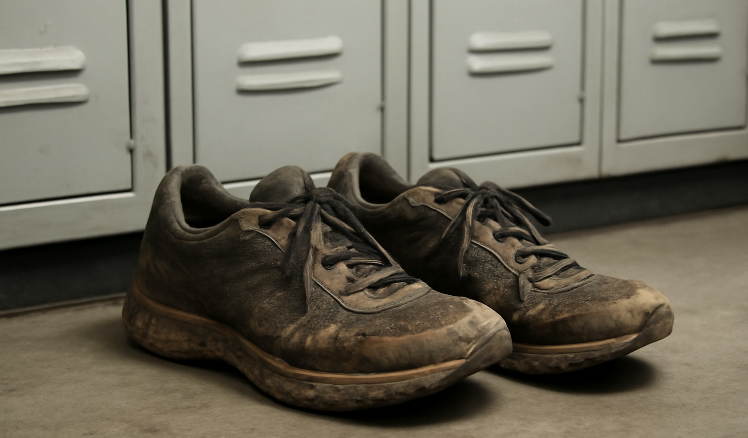 chaussures usees pres d'un casier de sport