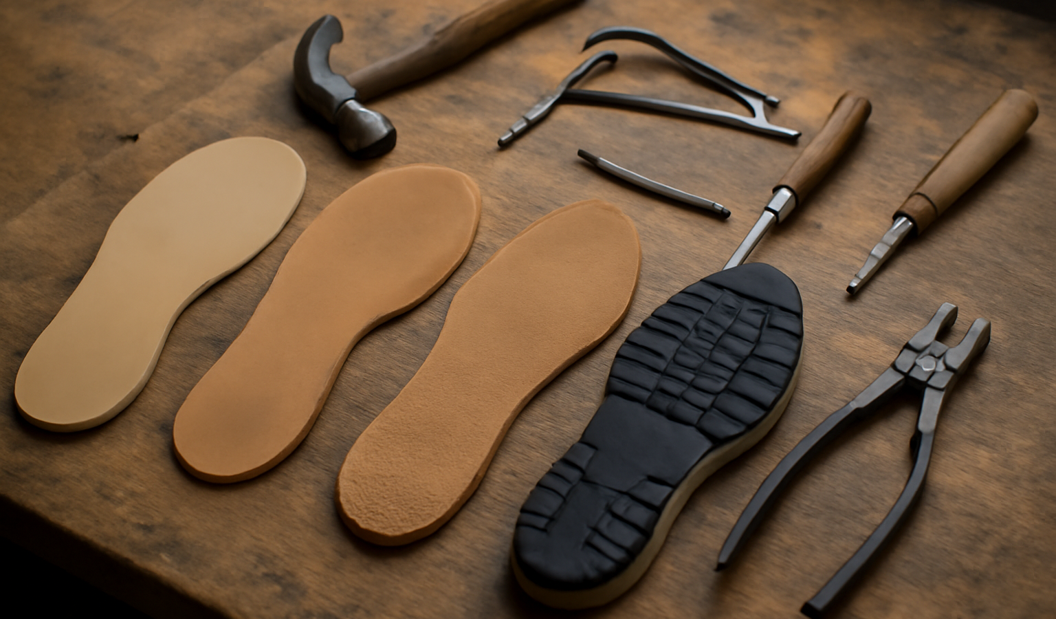 atelier avec semelles et outils de reparation alignes