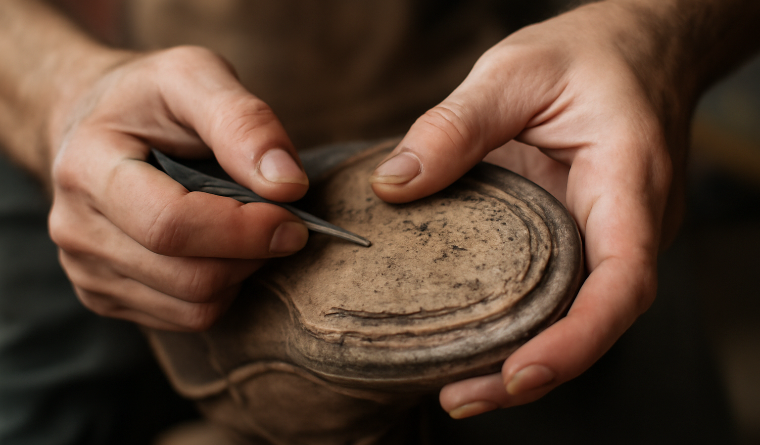 mains réparant une semelle usée