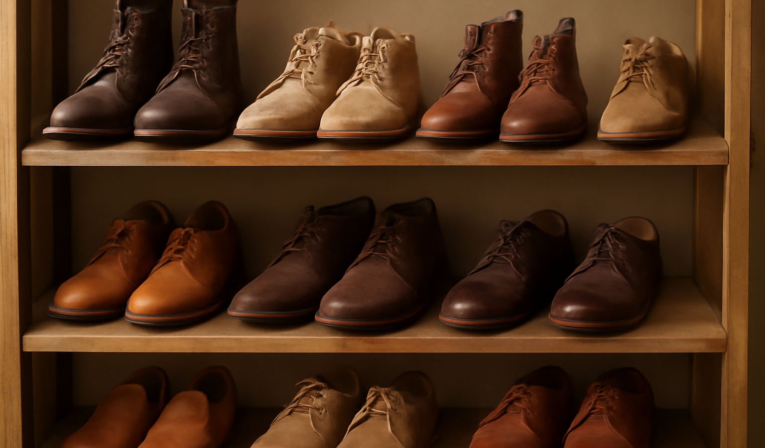 étagère avec plusieurs chaussures artisanales différentes