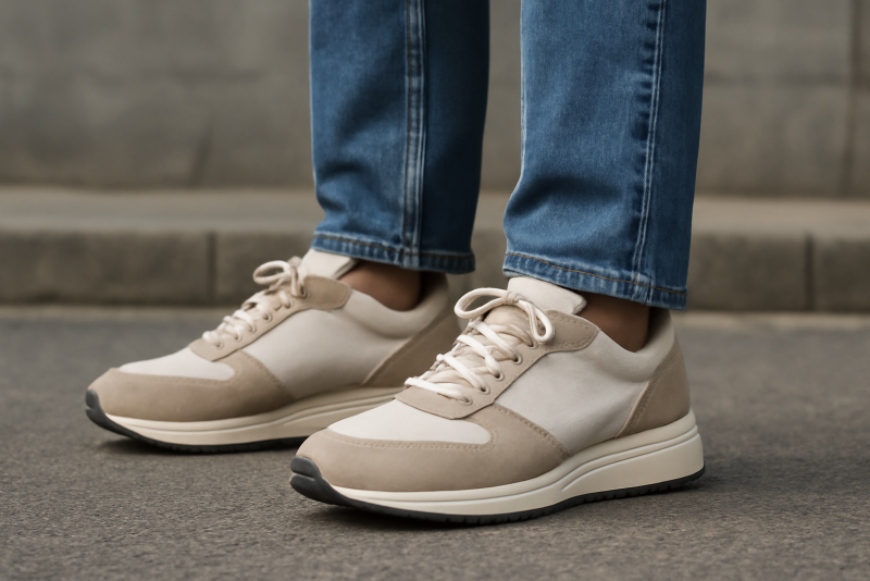 personne debout chaussée de baskets confortables