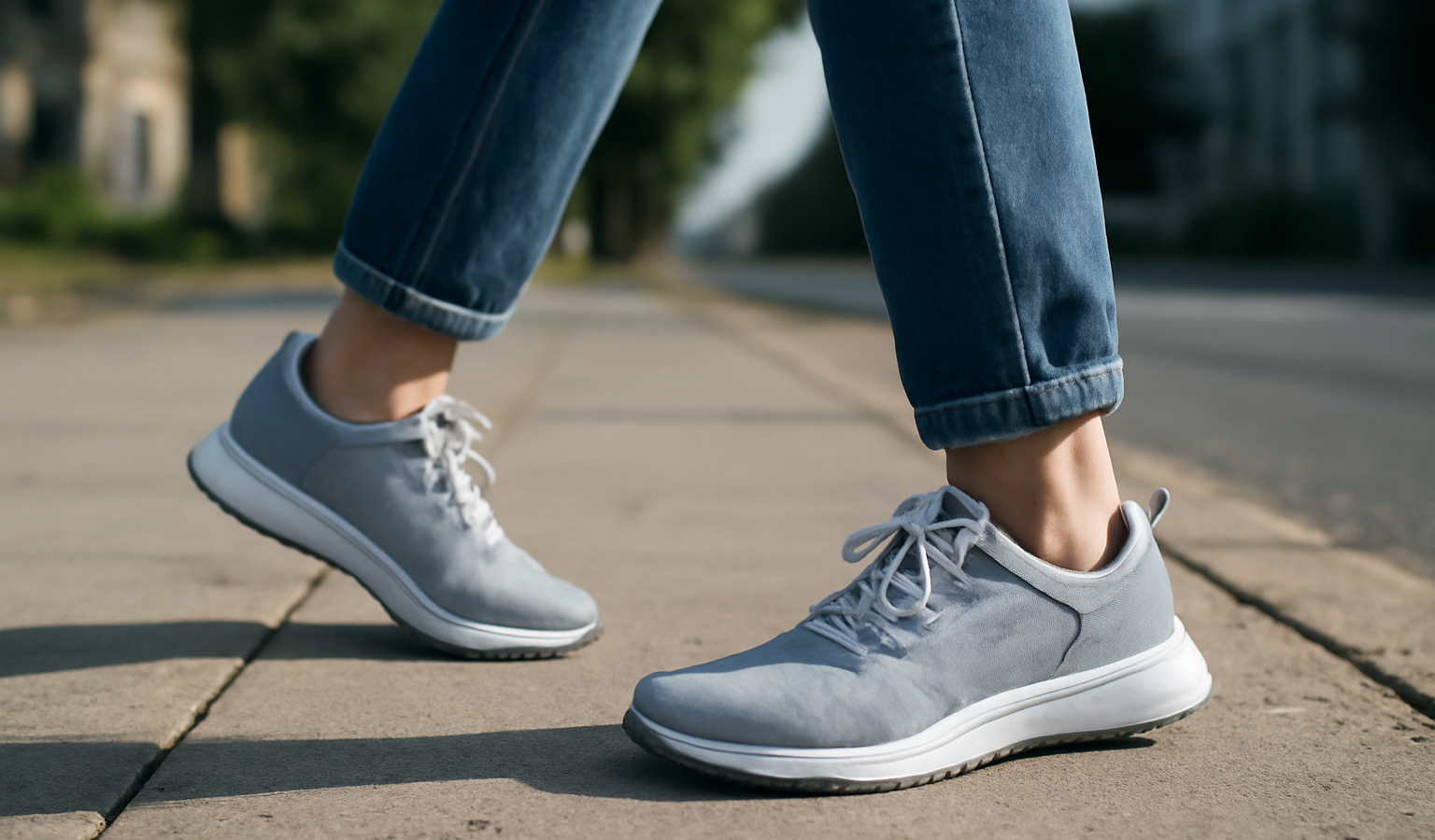 personne marchant en baskets sur trottoir