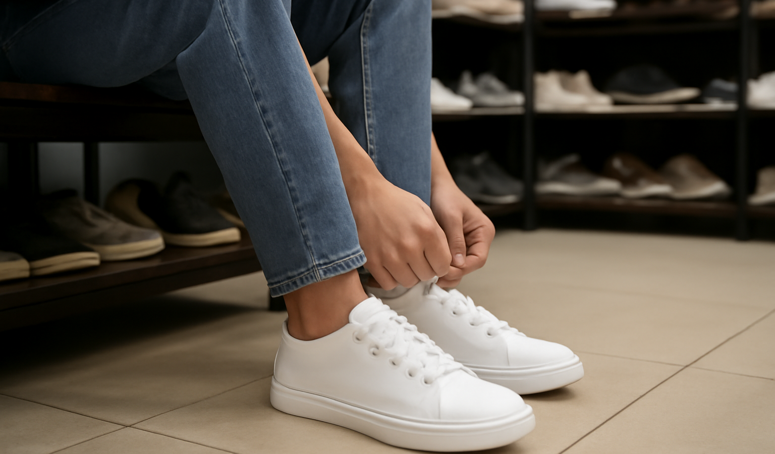 personne essayant des baskets basses en magasin,sans-marque