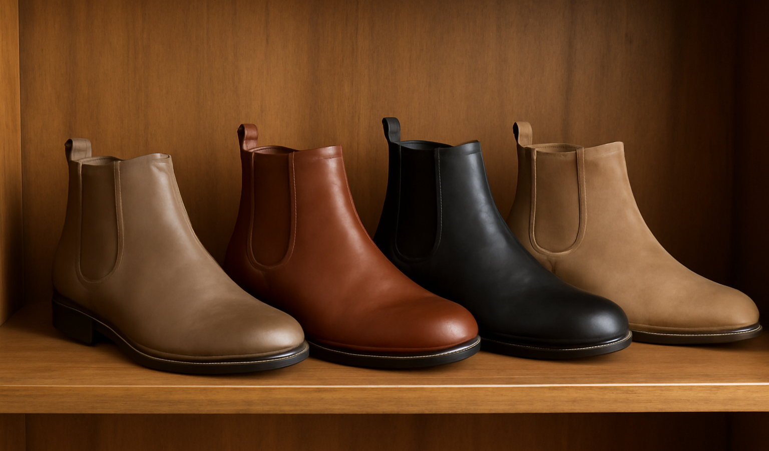 bottines alignées sur étagère en bois