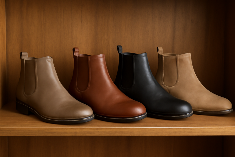 bottines alignées sur étagère en bois